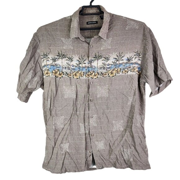 Mens Brown Pierre Cardin Hawaiian Shirt Short Sleeve Button Up Beach Palm XL - Picture 1 of 12